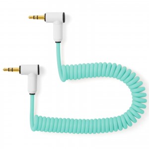 myVolts Candycords audio cable 3.5mm angled jack to 3.5mm angled jack, curly 20cm to 30cm, Mint Green